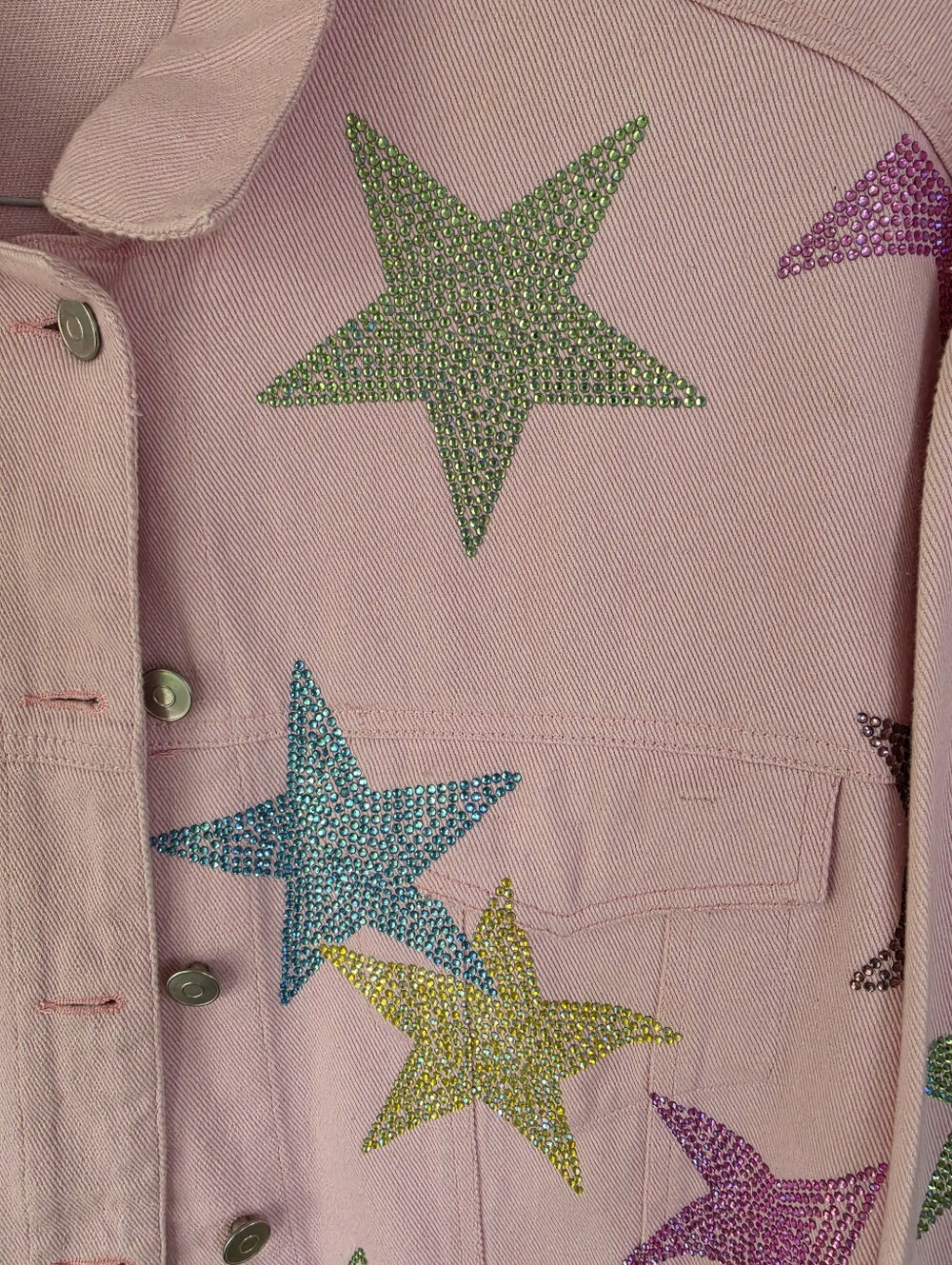 Peach Love PINK Rhinestone Star Jean jacket Small - Picture 5 of 10